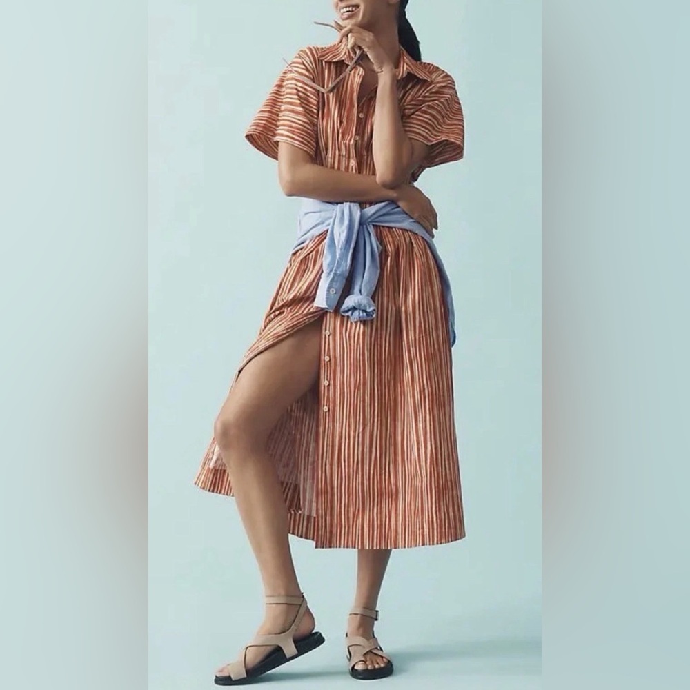NWT new XS Anthropologie Exquise Tobie shirt dress maxi red tan stripe long